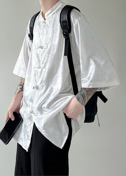 New White Stand Collar Button Silk Men Shirt Half Sleeve YT073 Men-Silk-MENSTP240721