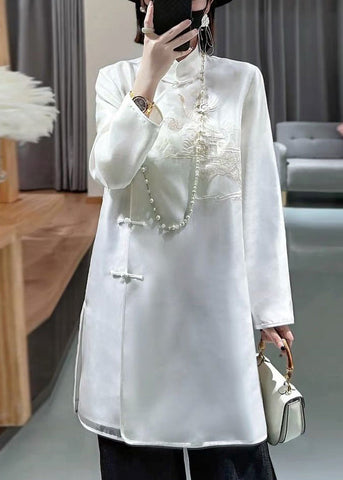 New White Stand Collar Embroidered Button Silk Shirt Long Sleeve Ada Fashion
