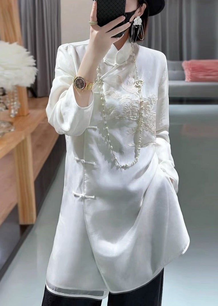 New White Stand Collar Embroidered Button Silk Shirt Long Sleeve Ada Fashion