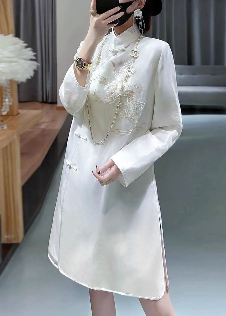 New White Stand Collar Embroidered Button Silk Shirt Long Sleeve Ada Fashion