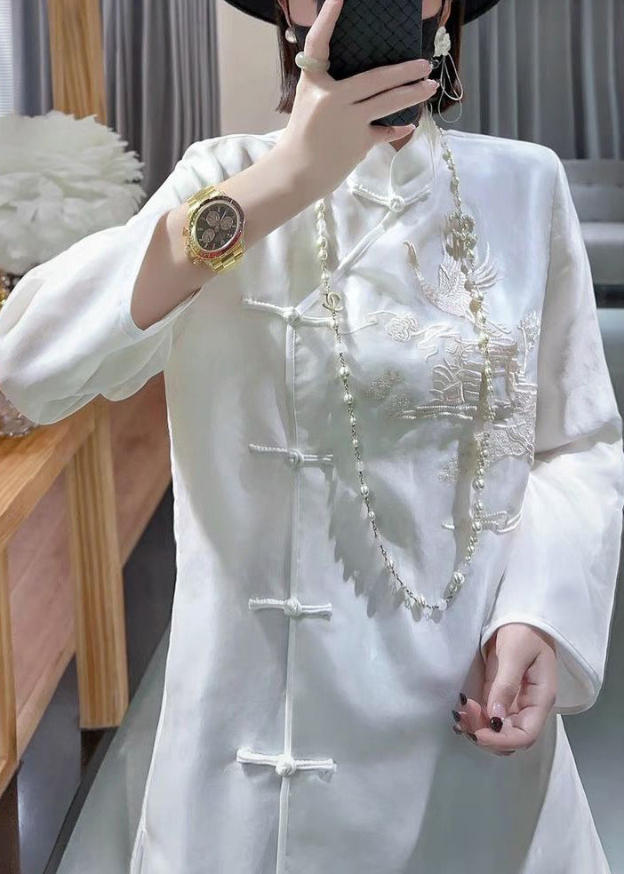 New White Stand Collar Embroidered Button Silk Shirt Long Sleeve Ada Fashion