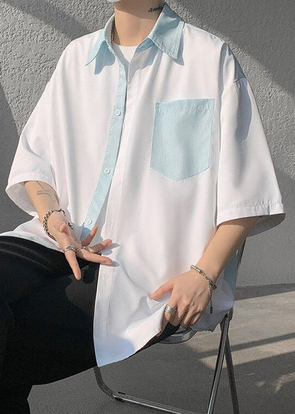 Patchwork New Button Shirts White Striped Pockets Men Cotton FashionChic
