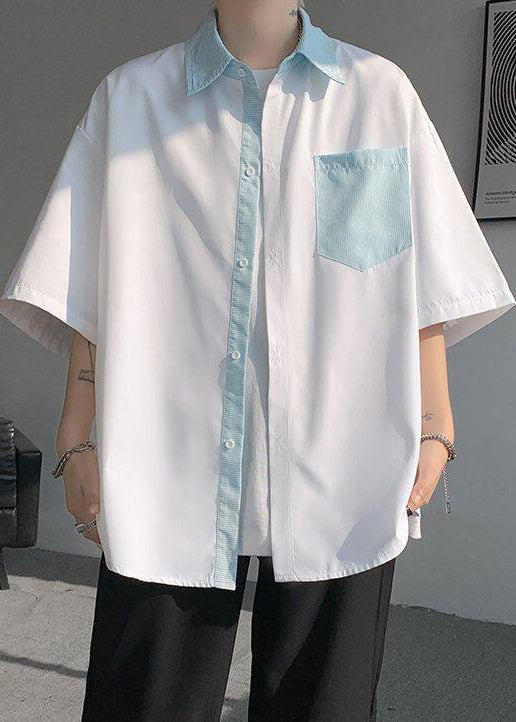 Patchwork New Button Shirts White Striped Pockets Men Cotton FashionChic