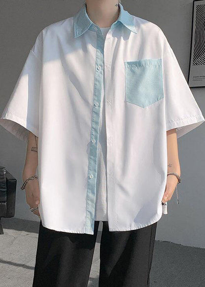 Patchwork New Button Shirts White Striped Pockets Men Cotton FashionChic