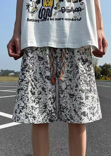 New Dye Men White Shorts Cotton Summer Elastic Waist Tie FashionChic