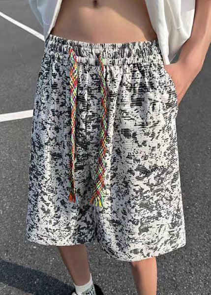 New Dye Men White Shorts Cotton Summer Elastic Waist Tie FashionChic