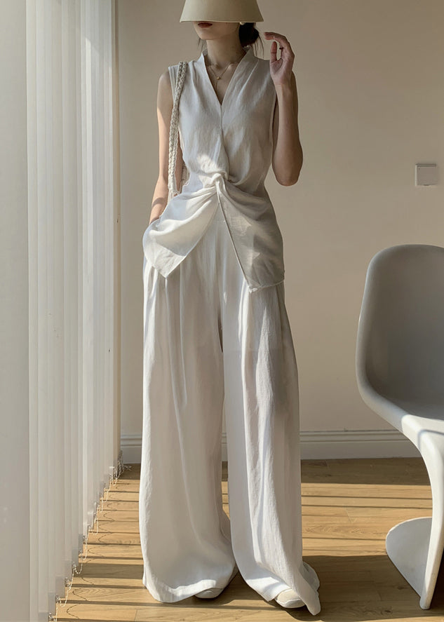 Front Open White Wide Tops Pants And Leg V Cotton New Two Neck FashionChic