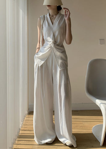 Front Open White Wide Tops Pants And Leg V Cotton New Two Neck FashionChic