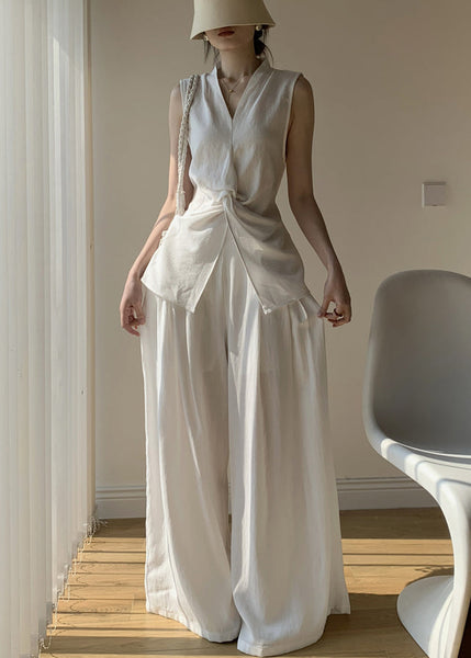 Front Open White Wide Tops Pants And Leg V Cotton New Two Neck FashionChic