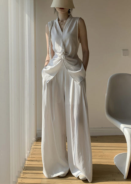 Front Open White Wide Tops Pants And Leg V Cotton New Two Neck FashionChic