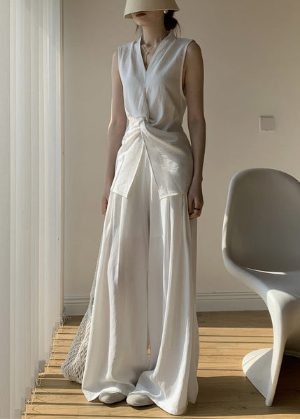 Front Open White Wide Tops Pants And Leg V Cotton New Two Neck FashionChic