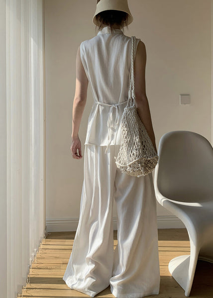 Front Open White Wide Tops Pants And Leg V Cotton New Two Neck FashionChic