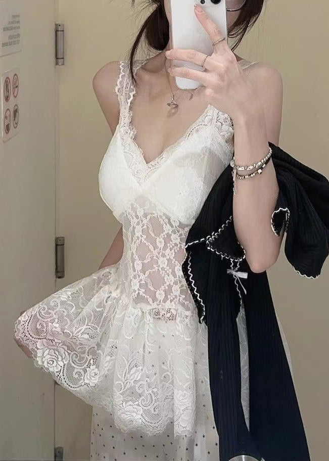 And Tank V Two Knit Pieces Set Neck Cardigans Lace White New FashionChic
