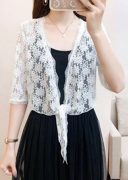 New White V Neck Lace Up Lace Cardigan Half Sleeve Ada Fashion