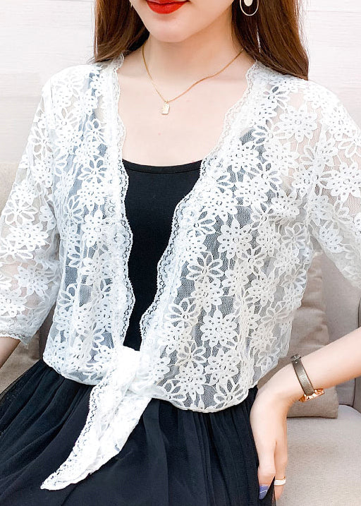 New White V Neck Lace Up Lace Cardigan Half Sleeve Ada Fashion