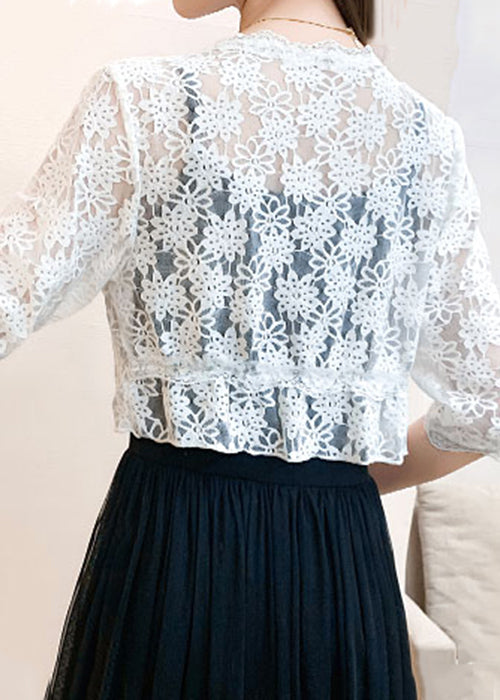 New White V Neck Lace Up Lace Cardigan Half Sleeve Ada Fashion