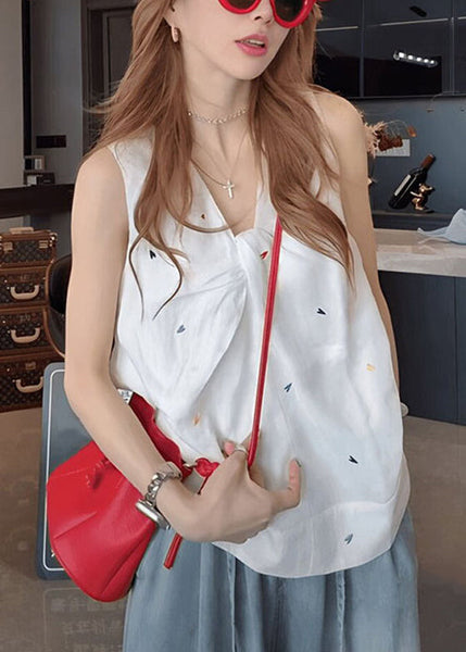 Print White V Sleeveless Tank New Neck Cotton FashionChic