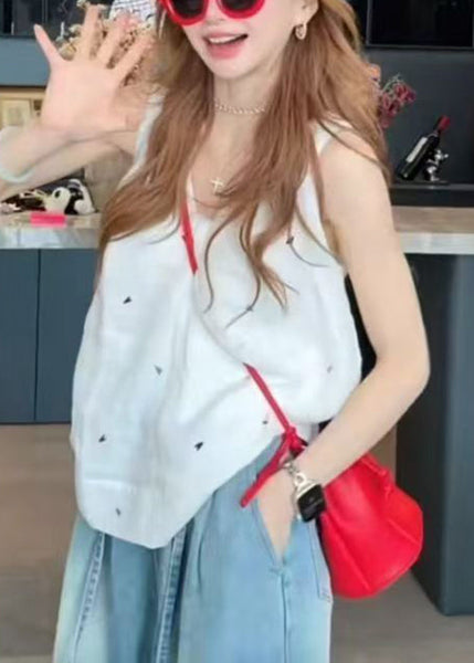 Print White V Sleeveless Tank New Neck Cotton FashionChic