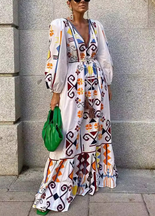 New White V Neck Print Lace Up Cotton Dresses Long Sleeve BB047 Hawaii-FDL240622