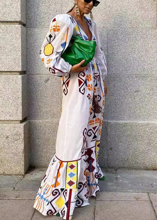 New White V Neck Print Lace Up Cotton Dresses Long Sleeve BB047 Hawaii-FDL240622