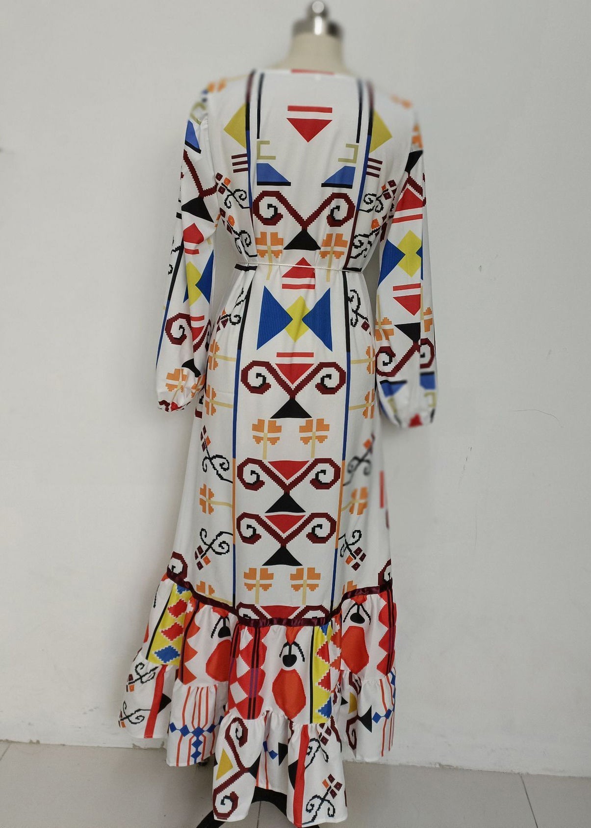 New White V Neck Print Lace Up Cotton Dresses Long Sleeve BB047 Hawaii-FDL240622