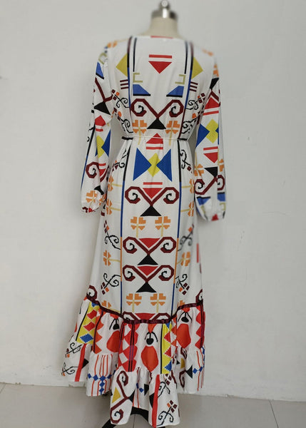 New White V Neck Print Lace Up Cotton Dresses Long Sleeve BB047 Hawaii-FDL240622