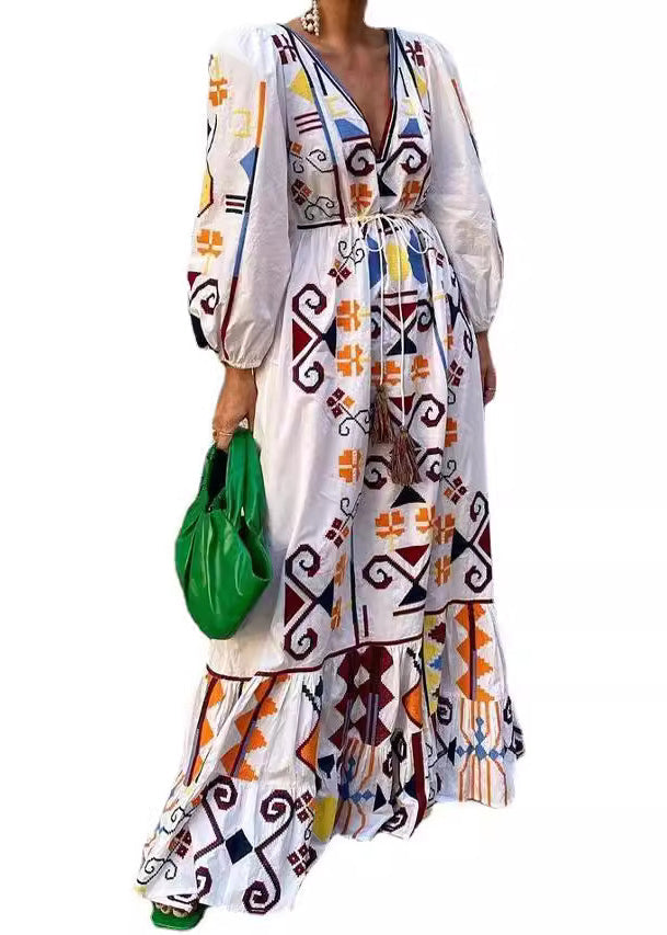 New White V Neck Print Lace Up Cotton Dresses Long Sleeve BB047 Hawaii-FDL240622