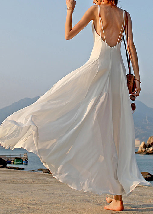 Dress Spaghetti White Chiffon Sleeveless New V Strap Solid Neck FashionChic