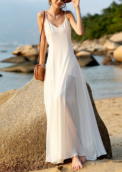 Dress Spaghetti White Chiffon Sleeveless New V Strap Solid Neck FashionChic