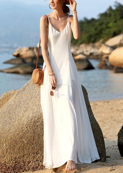 Dress Spaghetti White Chiffon Sleeveless New V Strap Solid Neck FashionChic
