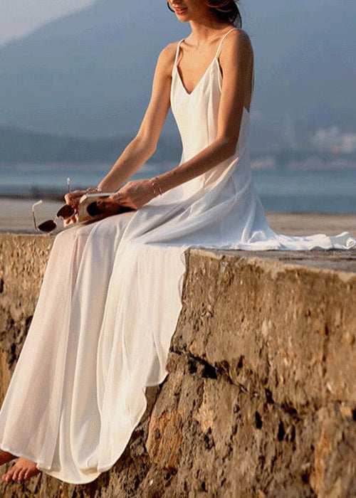 Dress Spaghetti White Chiffon Sleeveless New V Strap Solid Neck FashionChic