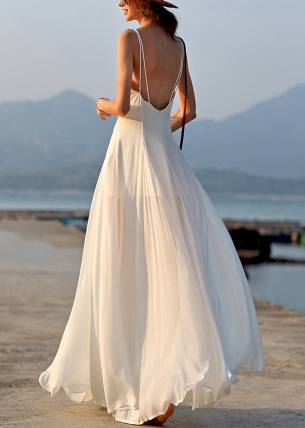 Dress Spaghetti White Chiffon Sleeveless New V Strap Solid Neck FashionChic