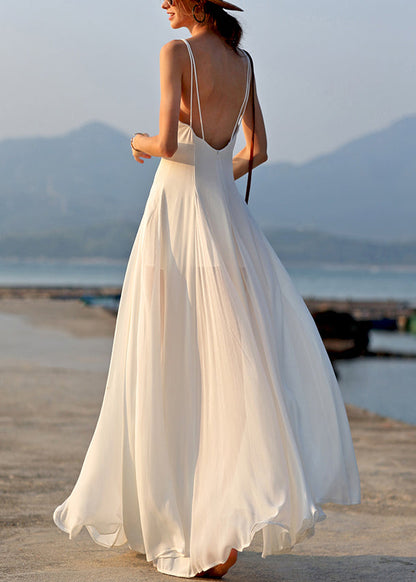 Dress Spaghetti White Chiffon Sleeveless New V Strap Solid Neck FashionChic