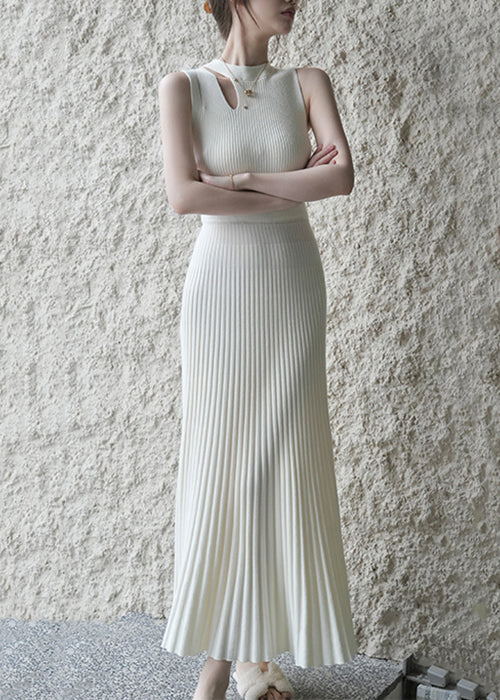 New White Wrinkled Hollow Out Knit Long Dress Sleeveless XX091 SH-LF-SDL240611