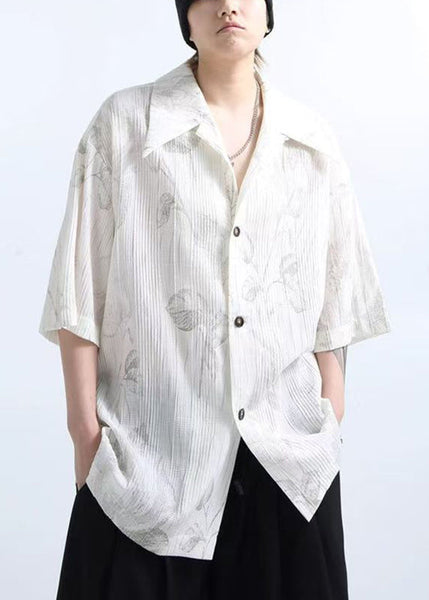 Print Half Mens White Shirts Sleeve New Cotton Wrinkled FashionChic