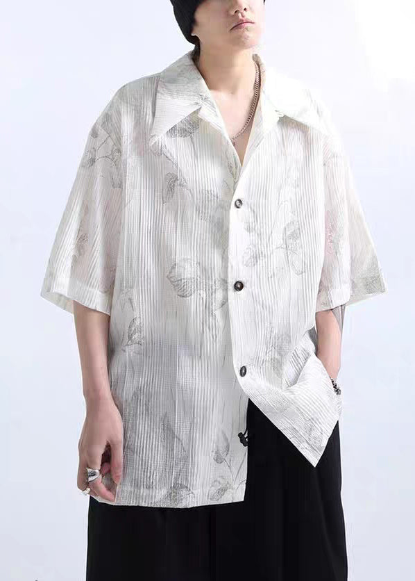 Print Half Mens White Shirts Sleeve New Cotton Wrinkled FashionChic