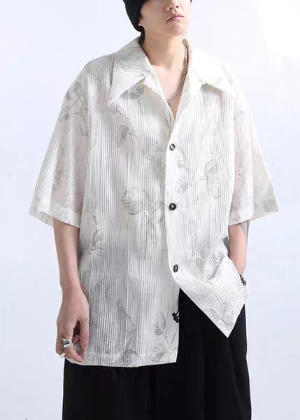 Print Half Mens White Shirts Sleeve New Cotton Wrinkled FashionChic