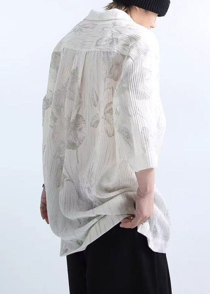 Print Half Mens White Shirts Sleeve New Cotton Wrinkled FashionChic