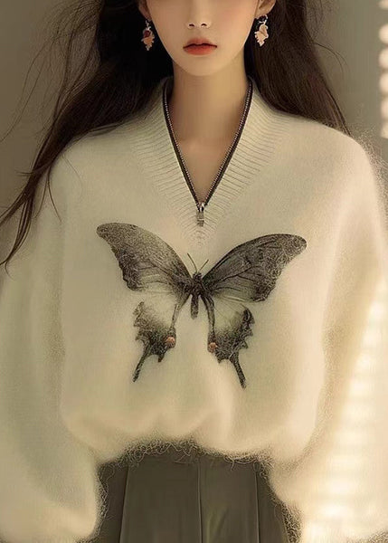 New White Zip Up Butterfly Print Knit Sweater Winter WX009 ABC