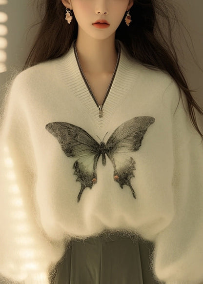 New White Zip Up Butterfly Print Knit Sweater Winter WX009 ABC