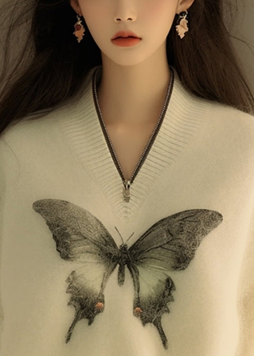 New White Zip Up Butterfly Print Knit Sweater Winter WX009 ABC