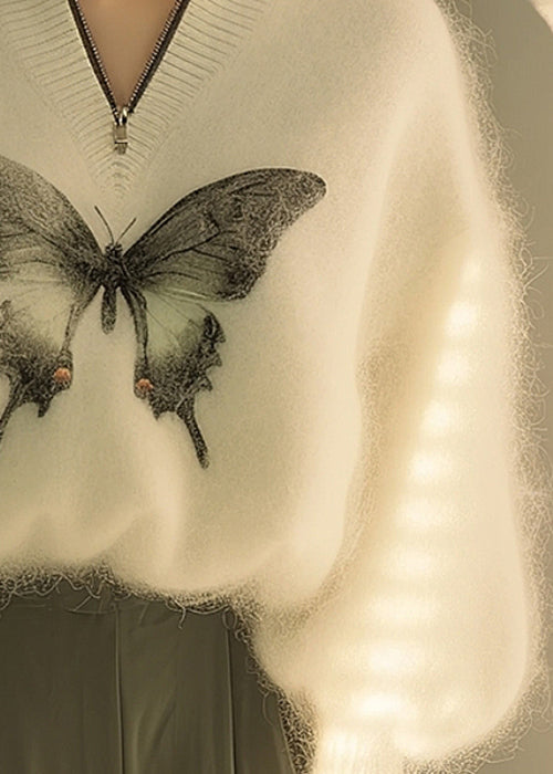 New White Zip Up Butterfly Print Knit Sweater Winter WX009 ABC