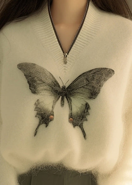 New White Zip Up Butterfly Print Knit Sweater Winter WX009 ABC