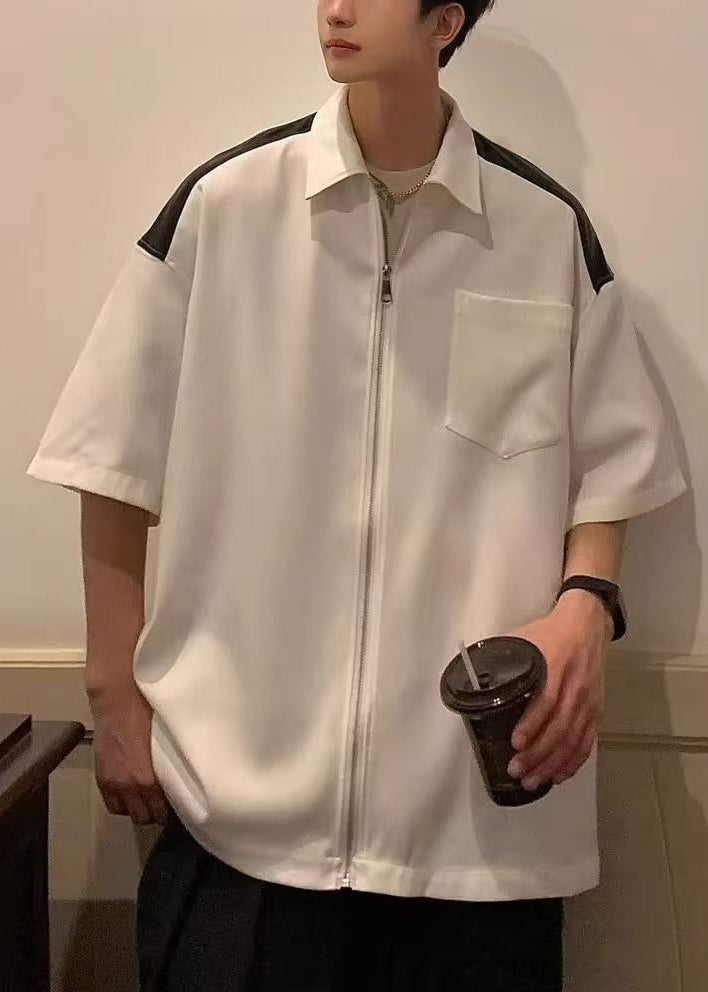 Cotton White New Mens Half Pockets Patchwork Zippered Shirts FashionChic