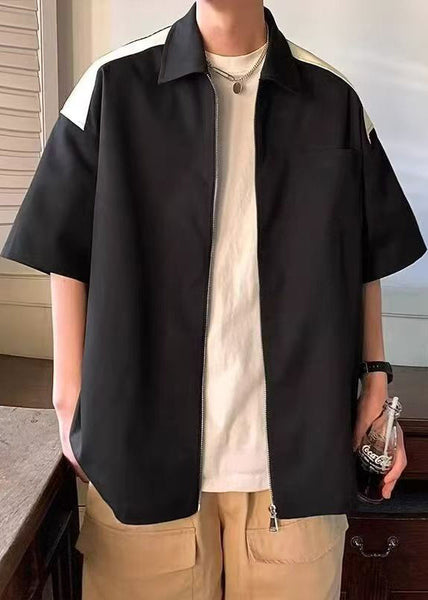 Cotton White New Mens Half Pockets Patchwork Zippered Shirts FashionChic