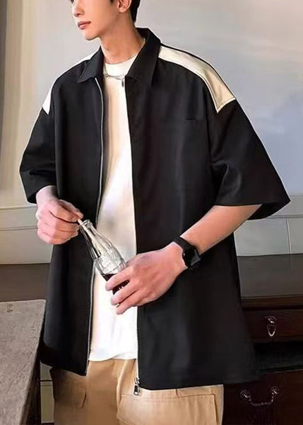 Cotton White New Mens Half Pockets Patchwork Zippered Shirts FashionChic