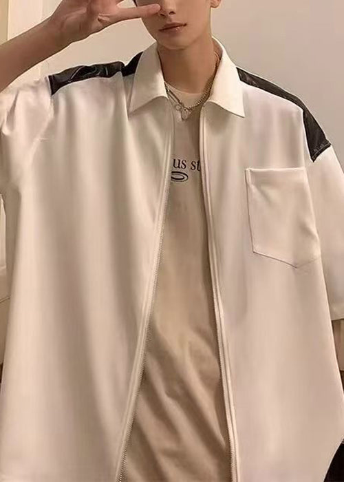Cotton White New Mens Half Pockets Patchwork Zippered Shirts FashionChic