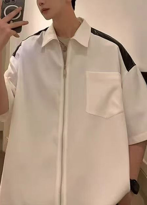 Cotton White New Mens Half Pockets Patchwork Zippered Shirts FashionChic