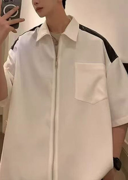 Cotton White New Mens Half Pockets Patchwork Zippered Shirts FashionChic