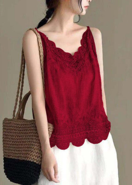 Out Lace Wine Red New Strap Tanks Hollow Linen Spaghetti FashionChic